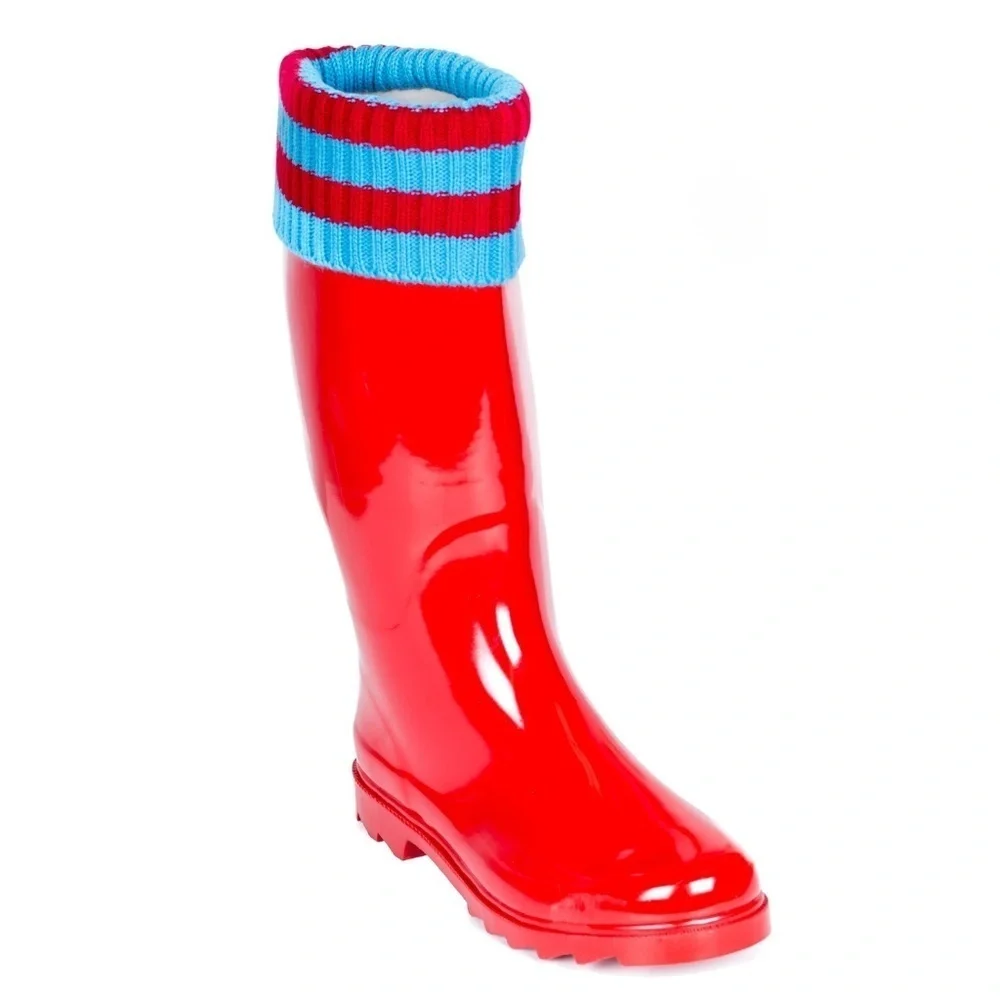 Women Rainboots, Tall Rubber Rain Boots with Cuff, #1807, Red